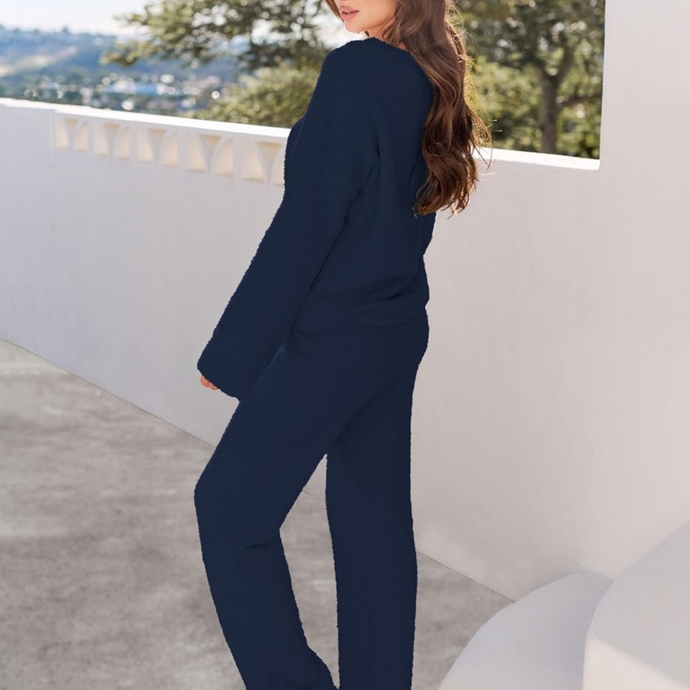 Navy Blue Fleece Long Sleeve Shirt and Pants Lounge Set - Picture 2 of 6
